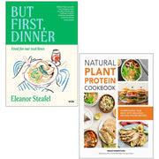 Two hardcover cookbooks titled "But First, Dinner" by Eleanor Steafel and Robin Robertson, featuring plant protein recipes.