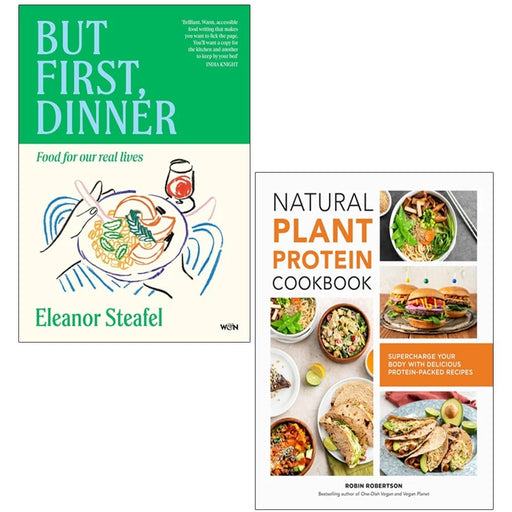 Two hardcover cookbooks titled "But First, Dinner" by Eleanor Steafel and Robin Robertson, featuring plant protein recipes.
