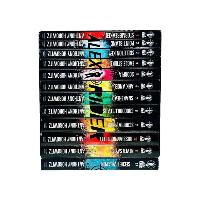 Alex Rider series 12-book collection by Anthony Horowitz, paperback fiction set featuring spy adventure stories.