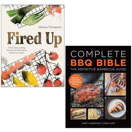 Fired Up & Complete BBQ Bible book set by Melissa Thompson, Andy Husbands, and Chris Hart featuring grilling and barbecue recipes.