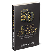 Cover of Malcolm Tate's book "Rich Energy: The Sexy Science of Saving & Stacking Wealth" by Rupa Publications, featuring bold title text.