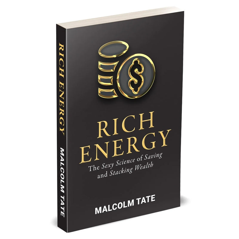 Cover of Malcolm Tate's book "Rich Energy: The Sexy Science of Saving & Stacking Wealth" by Rupa Publications, featuring bold title text.