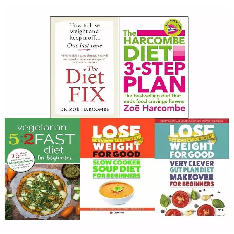 Set of five paperback diet and weight loss books by Zoe Harcombe and Iota, including The Diet Fix and The Harcombe Diet collection.