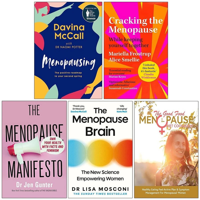 Set of five menopause books including The Menopause Manifesto and Menopausing by Naomi Potter, McCall, Smellie, Frostrup, Gunter, and Mosconi.
