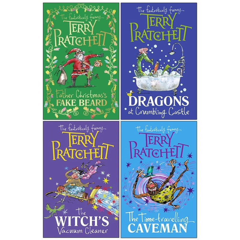 Four paperback Terry Pratchett fantasy books, including Dragons at Crumbling Castle and The Witch's Vacuum Cleaner, published by Corgi Ltd.