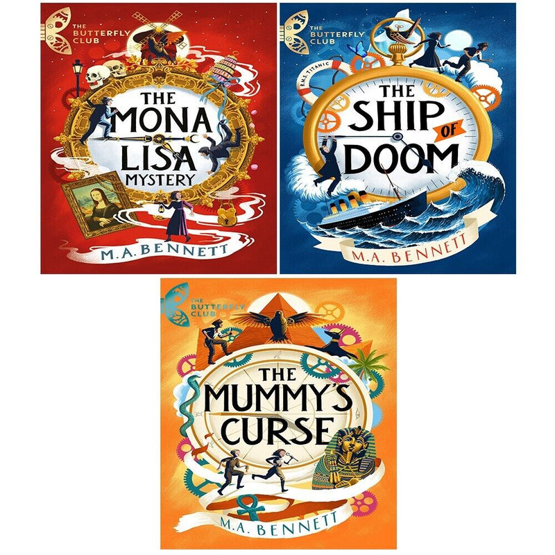 Welbeck Flame collection of three M.A. Bennett books: The Ship of Doom, The Mummy's Curse, and The Mona Lisa Mystery, featuring colorful cover art.