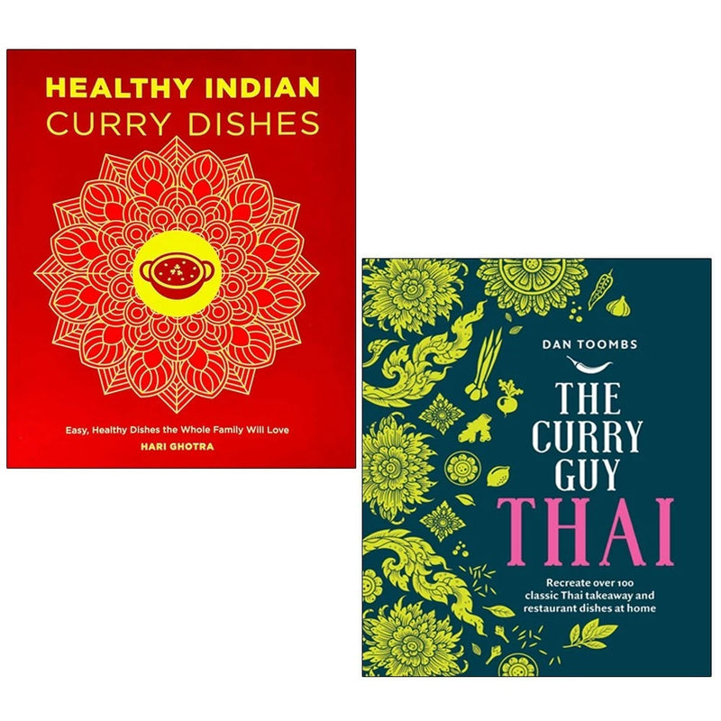 Two books from the Curry Guy Thai collection by Hari Ghotra and Dan Toombs, featuring healthy Indian curry recipes and dishes.