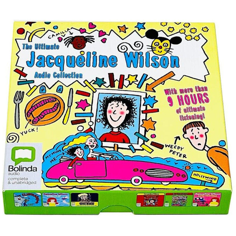 Six-book Jacqueline Wilson audio collection set featuring her popular novels, with colorful cover art and audio CD cases.