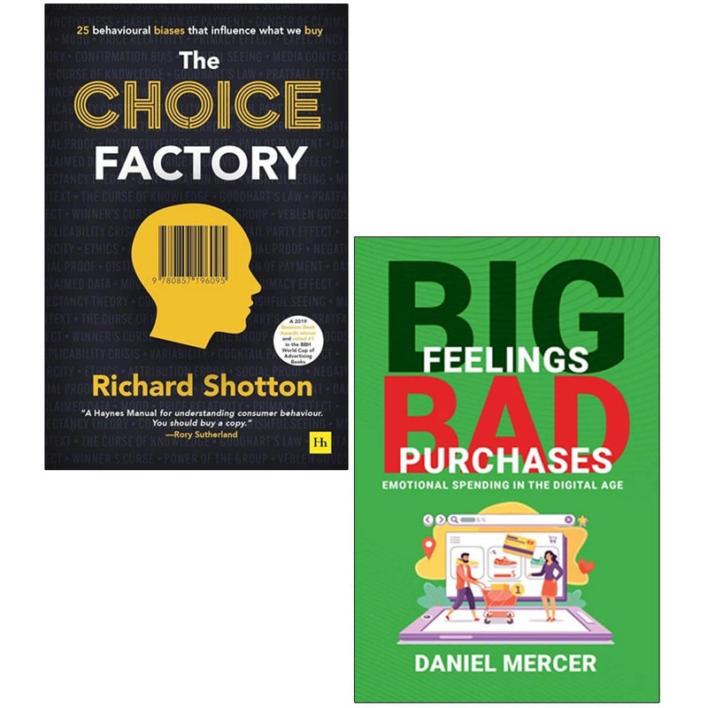 Collection of "The Choice Factory," "Big Feelings," and "Bad Purchases 2" by Richard Shotto & Daniel Mercer, paperback books by Harriman House.