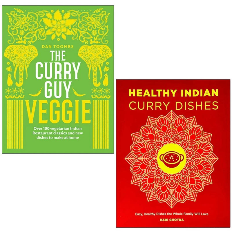 Two books from The Curry Guy Veggie collection by Dan Toombs and Hari Ghotra, featuring healthy Indian curry recipes.