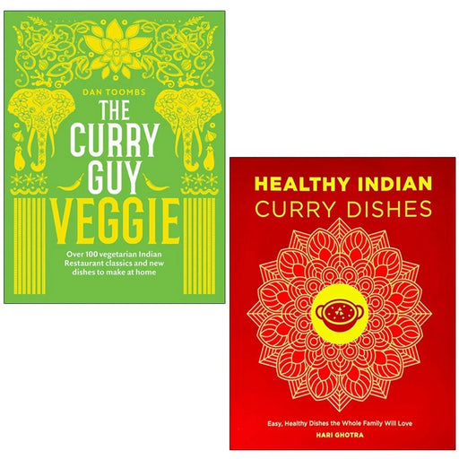 Two books from The Curry Guy Veggie collection by Dan Toombs and Hari Ghotra, featuring healthy Indian curry recipes.