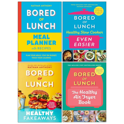 Ebury Press Bored Of Lunch 4 books collection by Nathan Anthony, non-fiction mixed format set displayed on a bookshelf.