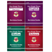CGP KS3 Revision Guides set with four books on English, spelling, punctuation, grammar, maths, and science, featuring colorful covers.