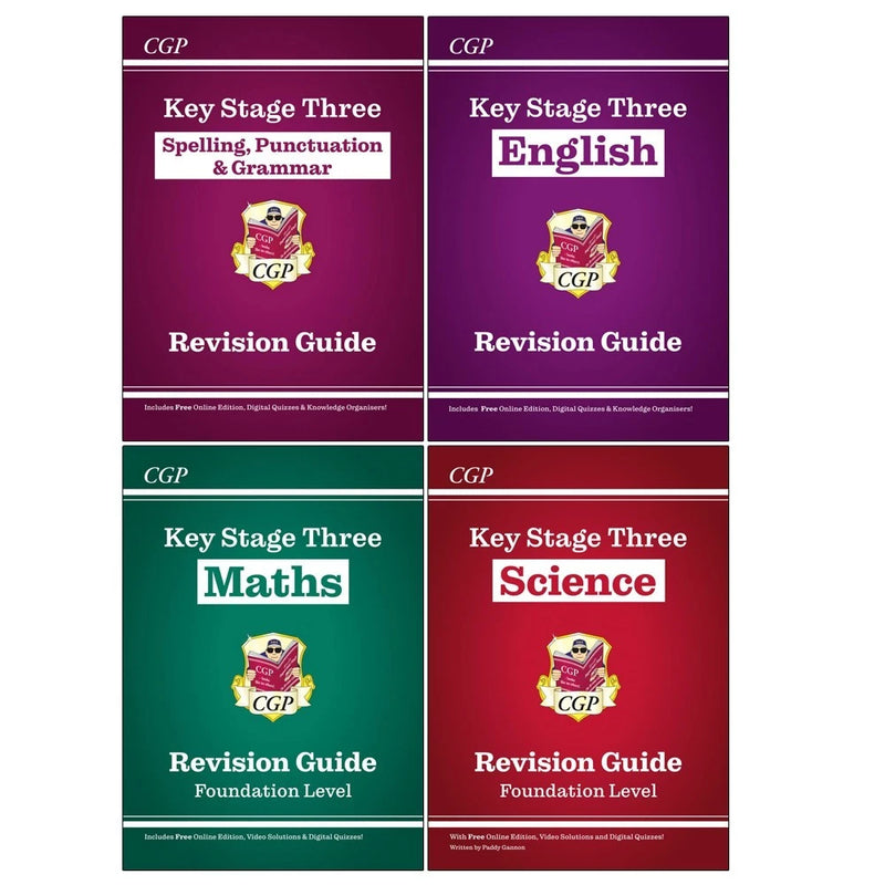 CGP KS3 Revision Guides set with four books on English, spelling, punctuation, grammar, maths, and science, featuring colorful covers.