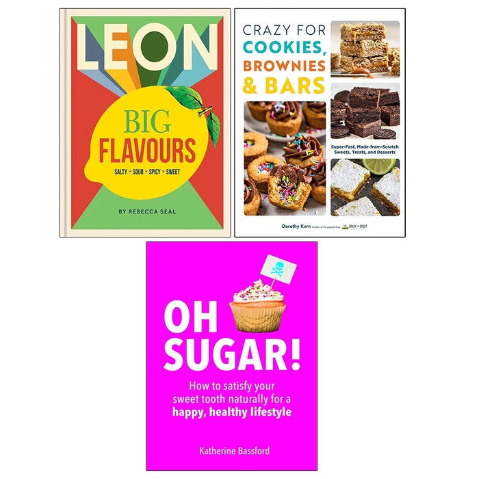 LEON Big Flavours Cookbook HB, Oh Sugar, Crazy For Cookies Brownies Bars 3 Books Set - The Book Bundle