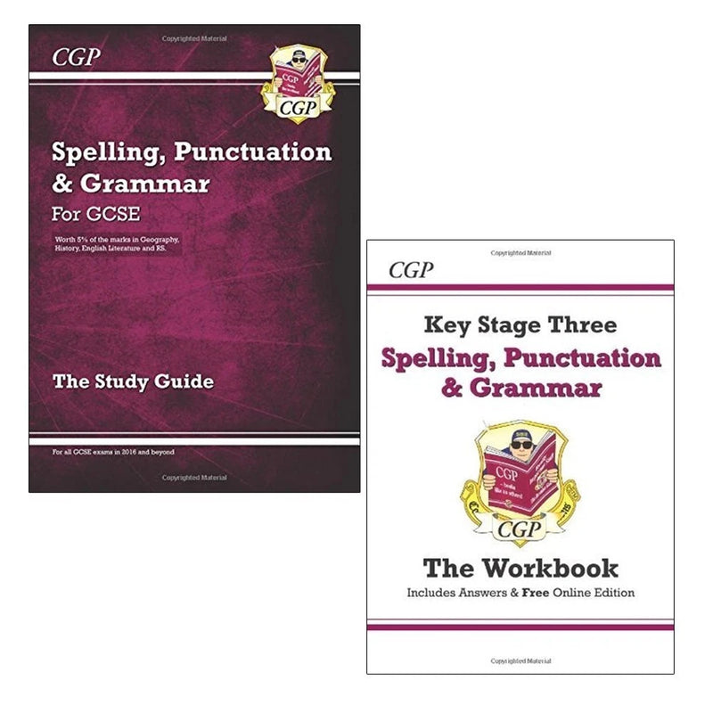 CGP GCSE SP&G Study Guide, KS3 Spelling Punctuation & Grammar Workbook 2 Books Collection Set - The Book Bundle