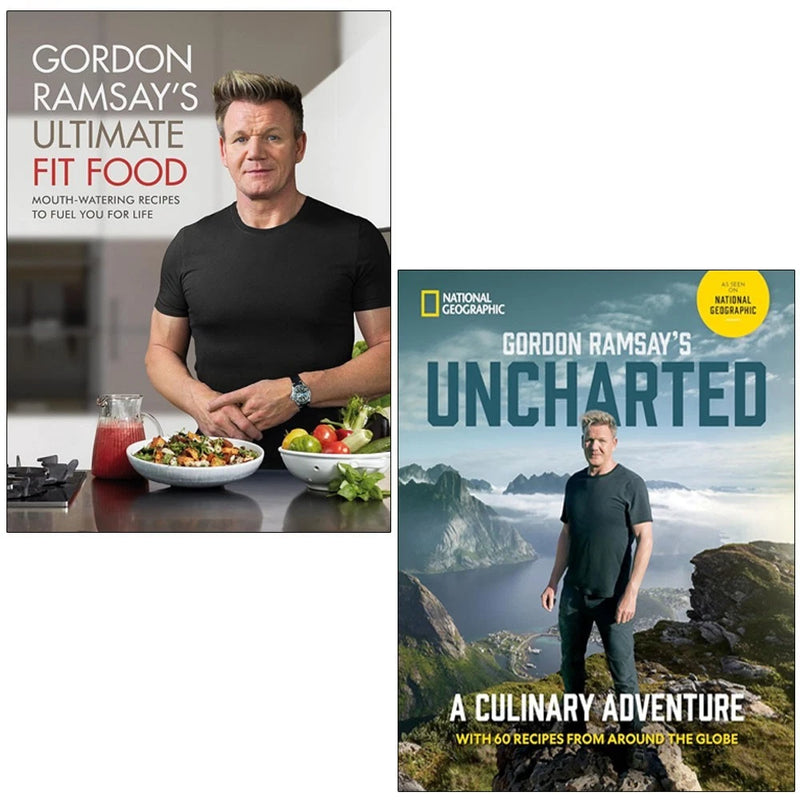 Set of two Gordon Ramsay cookbooks, "Uncharted" and "Ultimate Fit Food," hardcover editions by Gordon Ramsay, with colorful cover images.