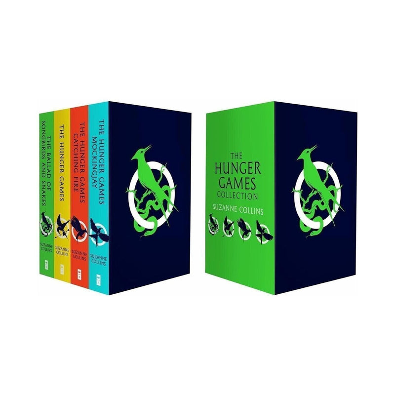 Four paperback books from Suzanne Collins' The Hunger Games series by Scholastic, featuring colorful covers and title text.