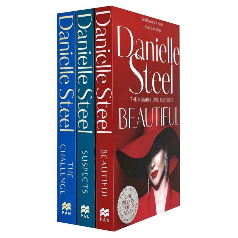 Danielle Steel 3-book collection set featuring Suspects, Beautiful, and The Challenge, displayed on a wooden surface.