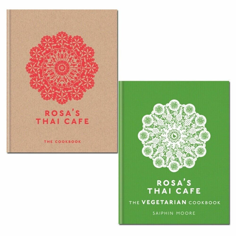 Rosa's Thai Cafe cookbook and vegetarian cookbook by Saiphin Moore, Mitchell Beazley, featuring book covers and colorful Thai dishes.
