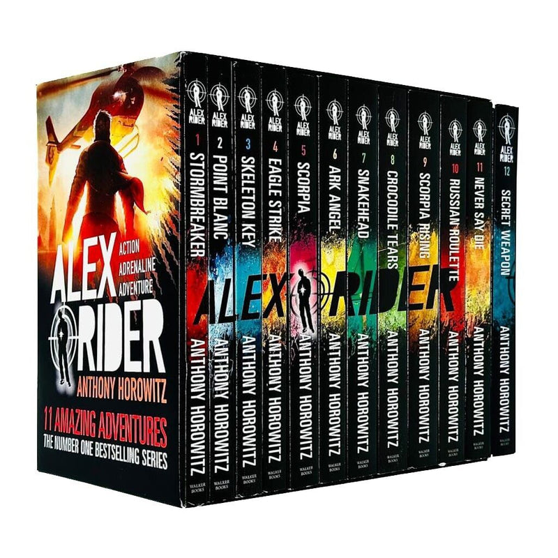 Alex Rider Series 12-book collection by Anthony Horowitz, paperback fiction set featuring spy adventure novels in a colorful box.