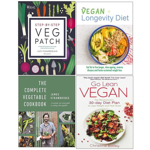 RHS Step-by-Step Veg Patch,Vegetable (HB), Vegan Longevity,Go Lean Vegan 4 Books - The Book Bundle