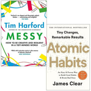 Image of the "Atomic Habits and Messy" book collection by James Clear and Tim Harford, featuring two non-fiction books by Penguin Random House.
