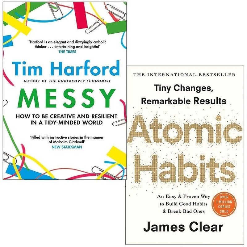 Image of the "Atomic Habits and Messy" book collection by James Clear and Tim Harford, featuring two non-fiction books by Penguin Random House.