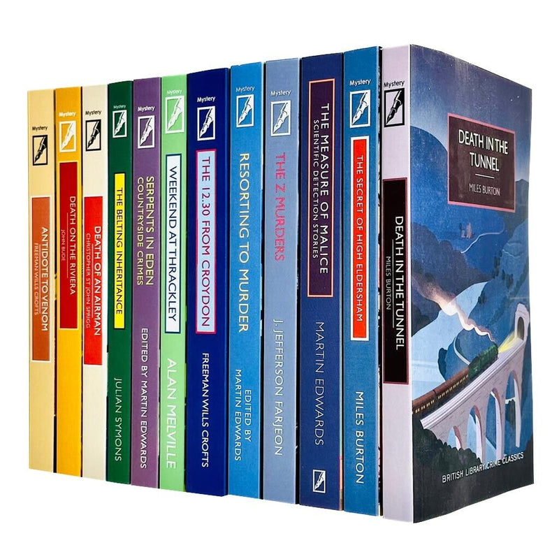 British Library Crime Classics 12-book set featuring John Bude and other authors, paperback crime fiction collection.