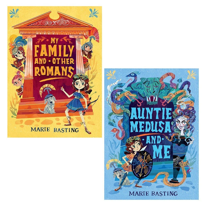 Marie Basting Chicken House collection featuring "My Family and Other Romans" and "Auntie Medusa and Me" books set.