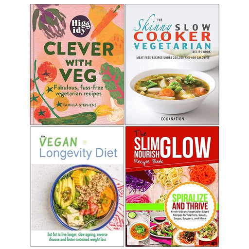 Higgidy Clever with Veg(HB),Spiralize Thrive,Vegan Longevity,Slow Cooker 4 Books Set - The Book Bundle