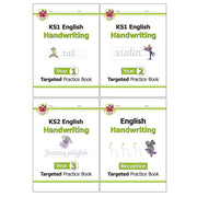 Set of four CGP KS1 and KS2 English Year 1-3 handwriting practice books showing colorful covers and sample pages inside.