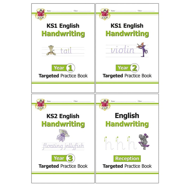 Set of four CGP KS1 and KS2 English Year 1-3 handwriting practice books showing colorful covers and sample pages inside.