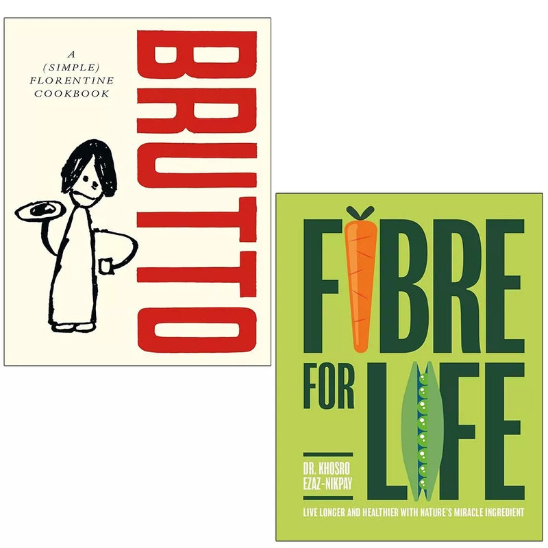 Set of two hardcover books titled "Fibre for Life" by Russell Norman and Dr Khosro Ezaz-Nikpay, featuring book covers with text and illustrations.