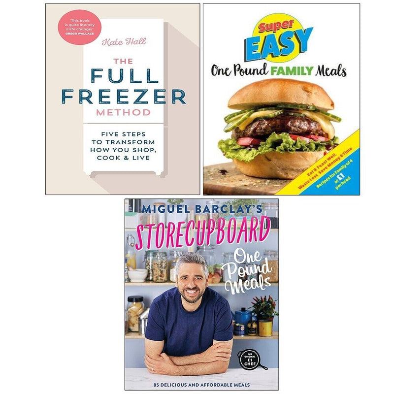 Set of three cookbooks by Miguel Barclay and Kate Hall, featuring the Full Freezer Method, storecupboard recipes, and easy meal ideas.