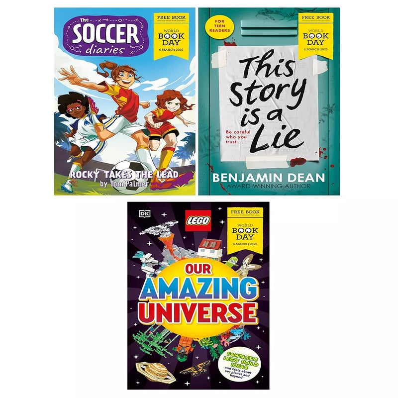 World Book Day 2025 Collection 3 Books Set by Tom Palmer Soccer Diaries, LEGO, This Story is a Lie - The Book Bundle