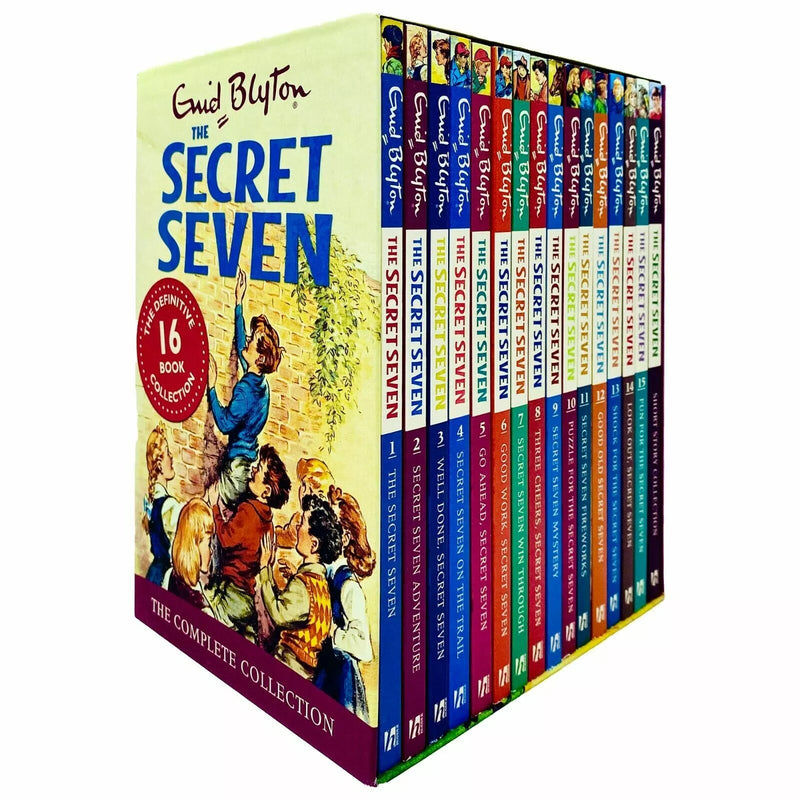 Complete collection of 16 Enid Blyton Secret Seven books by Hodder Children's Books, featuring colorful covers and classic illustrations.