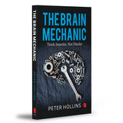 Cover image of "The Brain Mechanic" by Peter Hollins, a book published by Rupa Publications India, featuring a brain illustration.