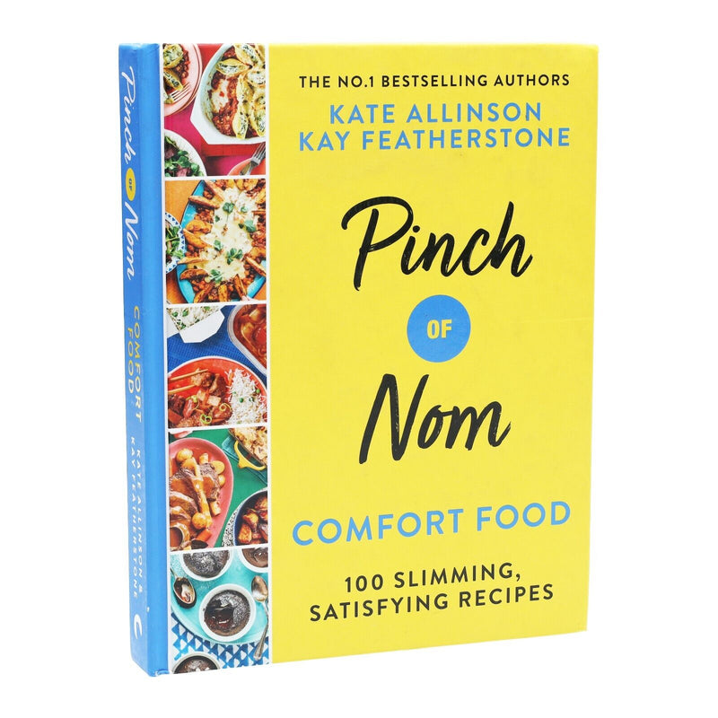 Book cover of "Pinch of Nom Comfort Food" by Kay and Kate Allinson featuring a cozy meal setting and colorful dish images.