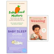 Collection of three non-fiction books on baby weaning, sleep, and food by Dr. Clare Llewellyn, Dr. Hayley Syrad, and Marie Mongan, in mixed formats.