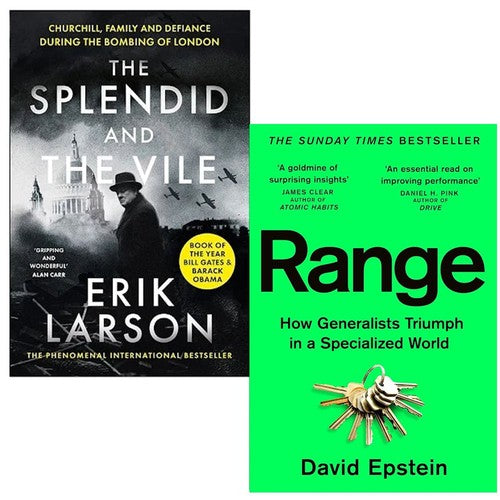 Two-book collection set featuring "The Splendid and the Vile" by Erik Larson and "Range" by David Epstein, with covers displayed.