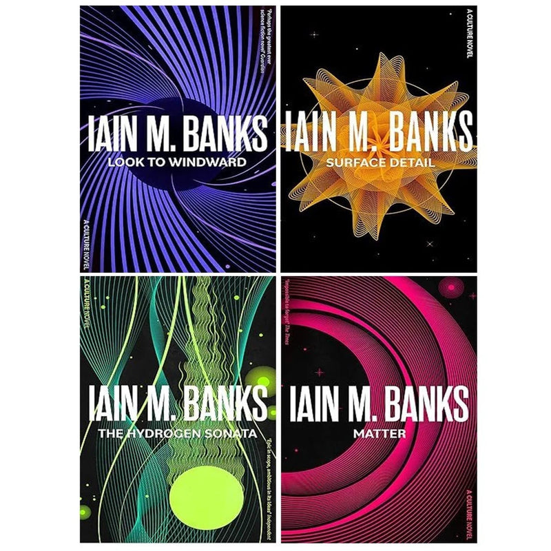 Set of four Iain M. Banks Culture Series Orbit books including Look To Windward, Matter, Surface Detail, and The Hydrogen Sonata.