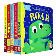 Peek-a-Boo Baby Collection of five Pat-a-Cake board books featuring Roar, Buzz, I Love You, Moo, and Miaow characters.