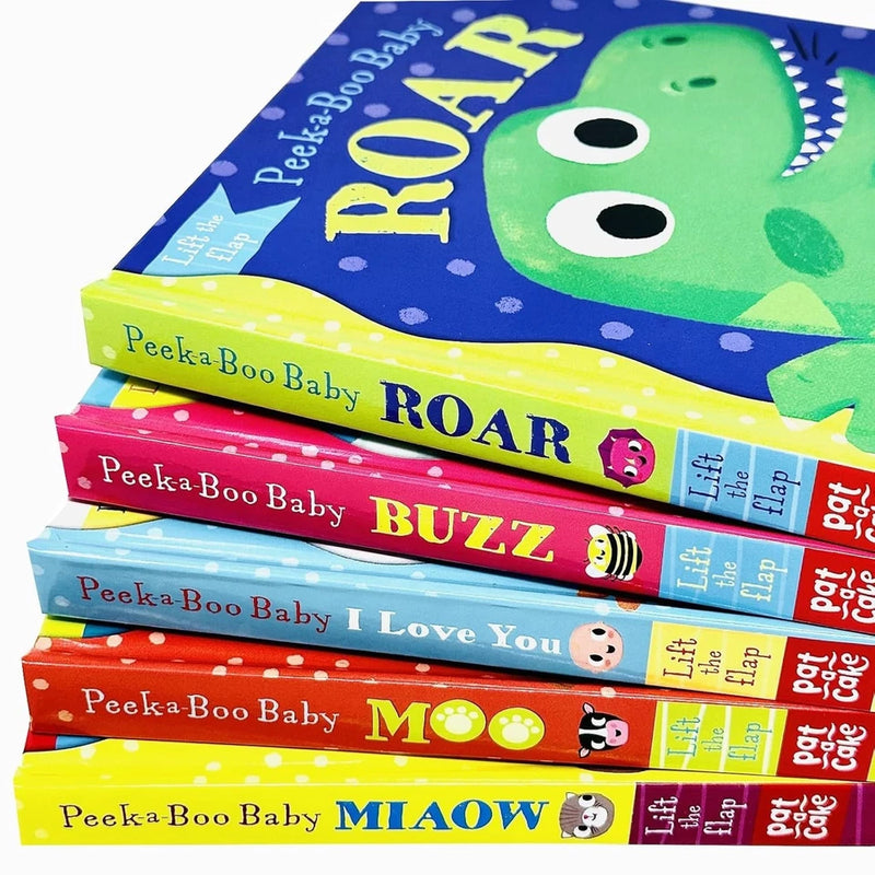 Set of five Peek-a-Boo Baby Collection books by Pat-a-Cake Ltd featuring Roar, Buzz, I Love You, Moo, and Miaow.