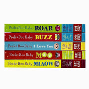 Set of five Peek-a-Boo Baby Collection books by Pat-a-Cake, featuring Roar, Buzz, I Love You, Moo, and Miaow characters.