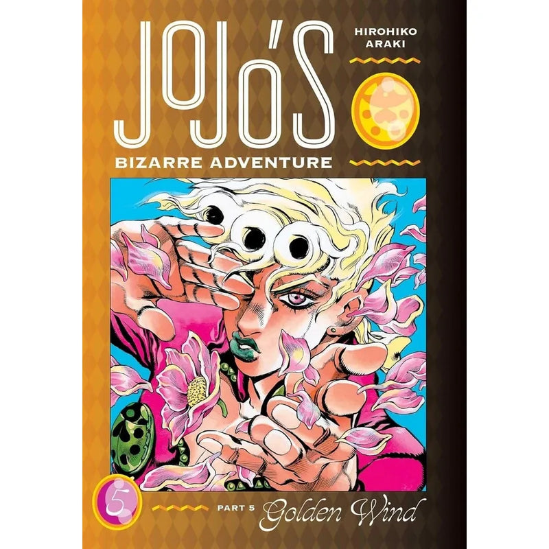 Set of four JoJo's Bizarre Adventure Part 5 Golden Wind manga books by Hirohiko Araki, published by VIZ Media, featuring colorful cover art.