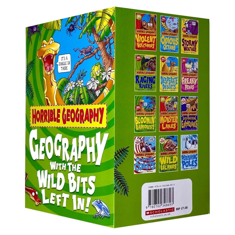 Horrible Geography book set by Anita Ganeri, series of 12 educational books on geography topics for kids, Scholastic brand.