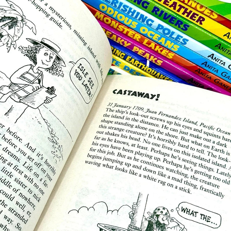 Horrible Geography book set by Anita Ganeri, Scholastic series, featuring colorful covers and illustrations from the 12-book collection.