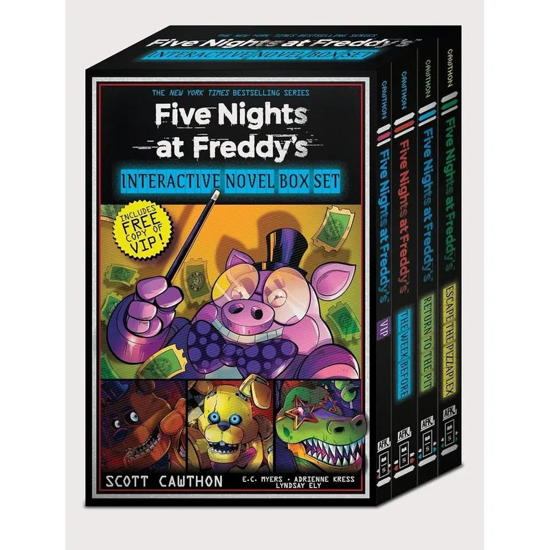 Box set of five Nights at Freddy's interactive novels by Scott Cawthon, featuring colorful book covers from the Scholastic series.