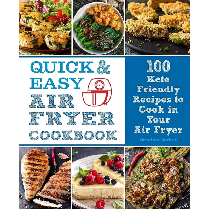 Collection of four air fryer cookbooks by Jenny Tschiesche, Kate Merker, Carolina Cartier, and Cooknation, featuring diverse recipes.